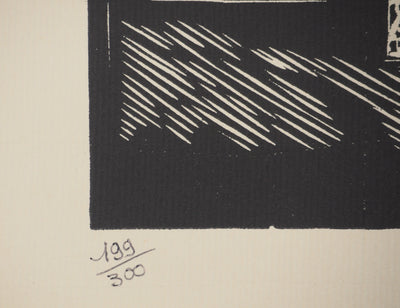 A. GAIN : Le clocher, Bois gravé original signé