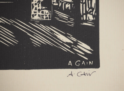 A. GAIN : Le clocher, Bois gravé original signé