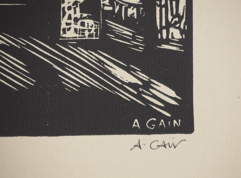 A. GAIN : Le clocher, Bois gravé original signé