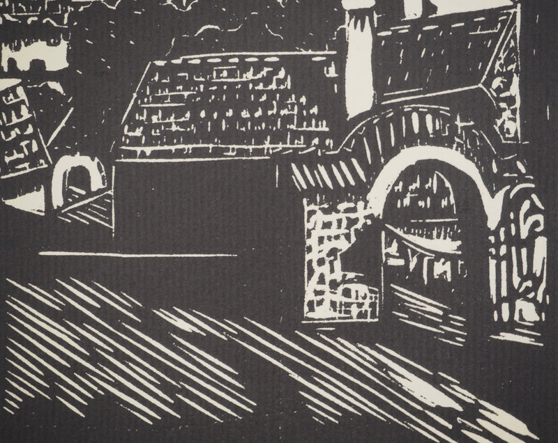 A. GAIN : Le clocher, Bois gravé original signé