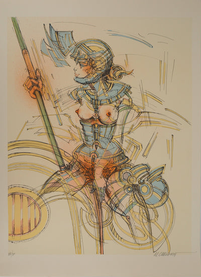 Roger Louis CHAVANON : Jeune guerrière futuriste, Lithographie originale (vue générale) - Crédit photo : Galerie Art.Paris