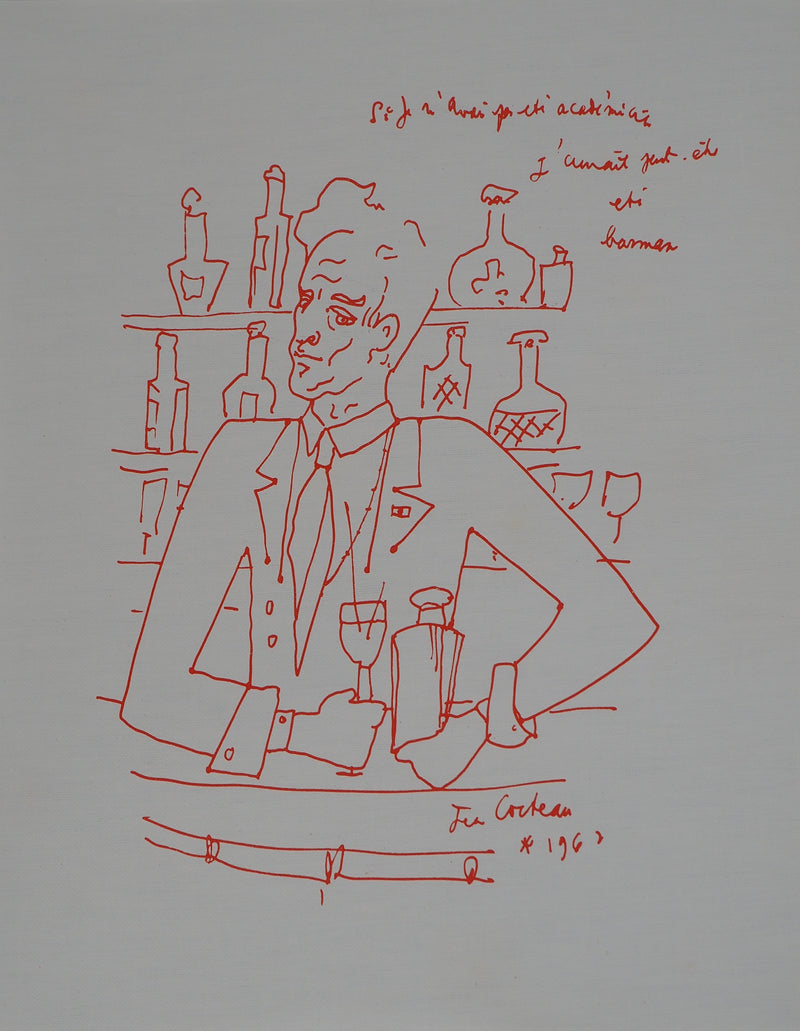 Jean COCTEAU : Autoportrait en barman, Lithographie originale (vue générale) - Crédit photo : Galerie Art.Paris