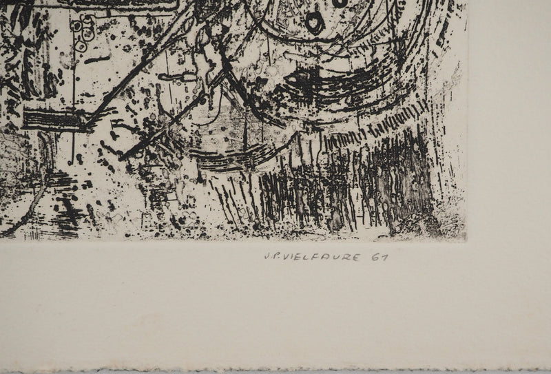 Jean-Pierre VIELFAURE : Composition au rocher, Gravure originale signée