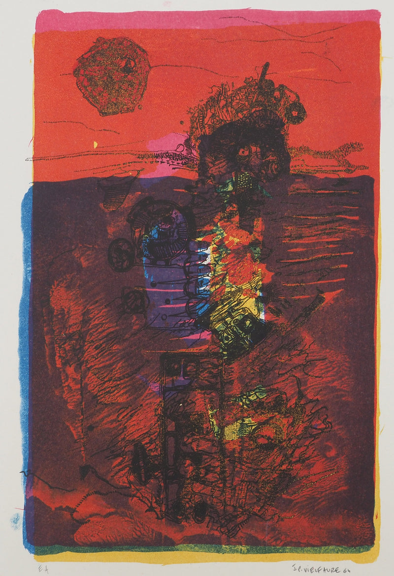 Jean-Pierre VIELFAURE : Mécanisme absrait, Lithographie originale signée