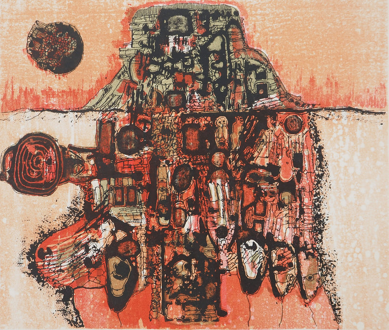 Jean-Pierre VIELFAURE : Petit paysage rouge, Lithographie originale signée