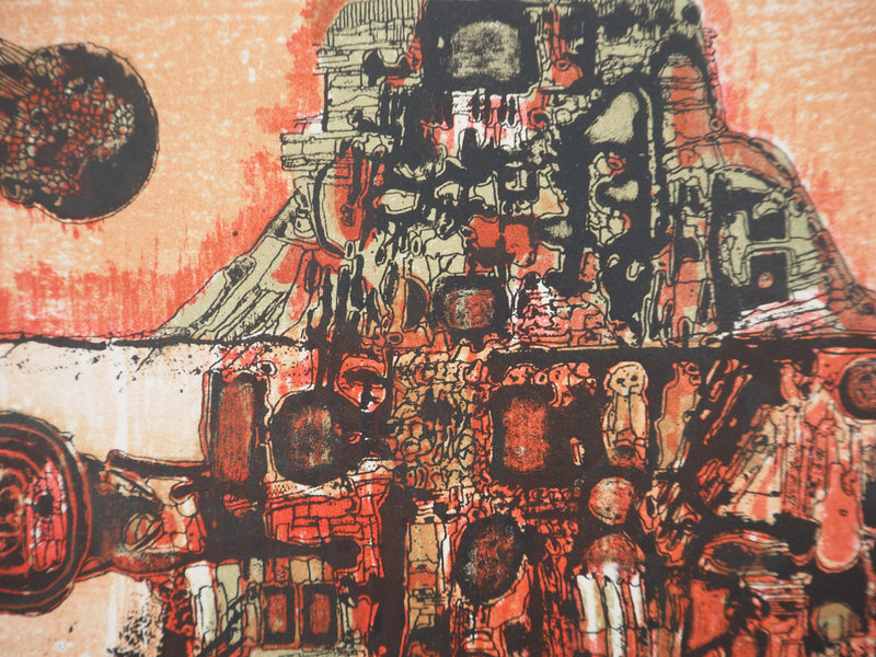 Jean-Pierre VIELFAURE : Petit paysage rouge, Lithographie originale signée