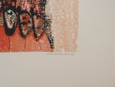Jean-Pierre VIELFAURE : Petit paysage rouge, Lithographie originale signée