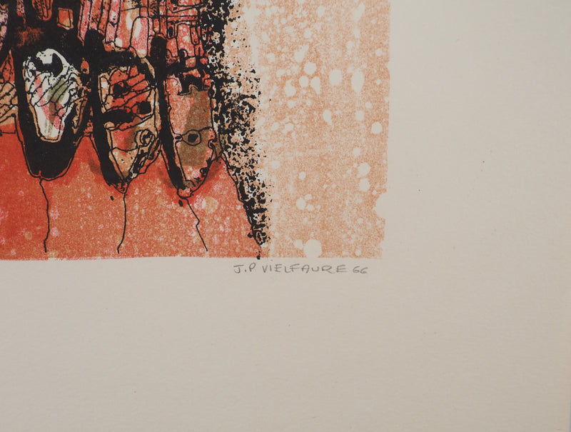 Jean-Pierre VIELFAURE : Petit paysage rouge, Lithographie originale signée