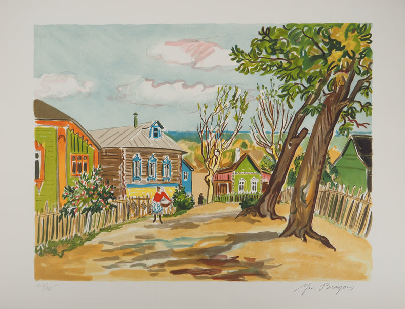 Yves BRAYER : Village rustique en Russie, Lithographie originale signée
