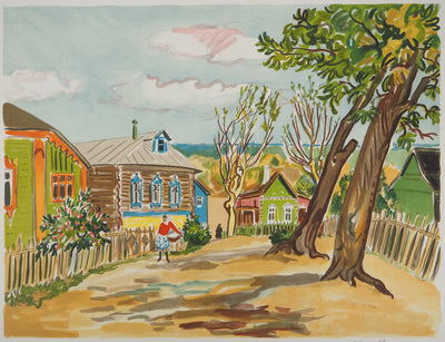 Yves BRAYER : Village rustique en Russie, Lithographie originale signée