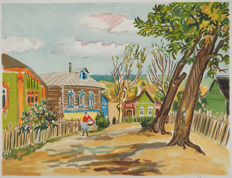 Yves BRAYER : Village rustique en Russie, Lithographie originale signée
