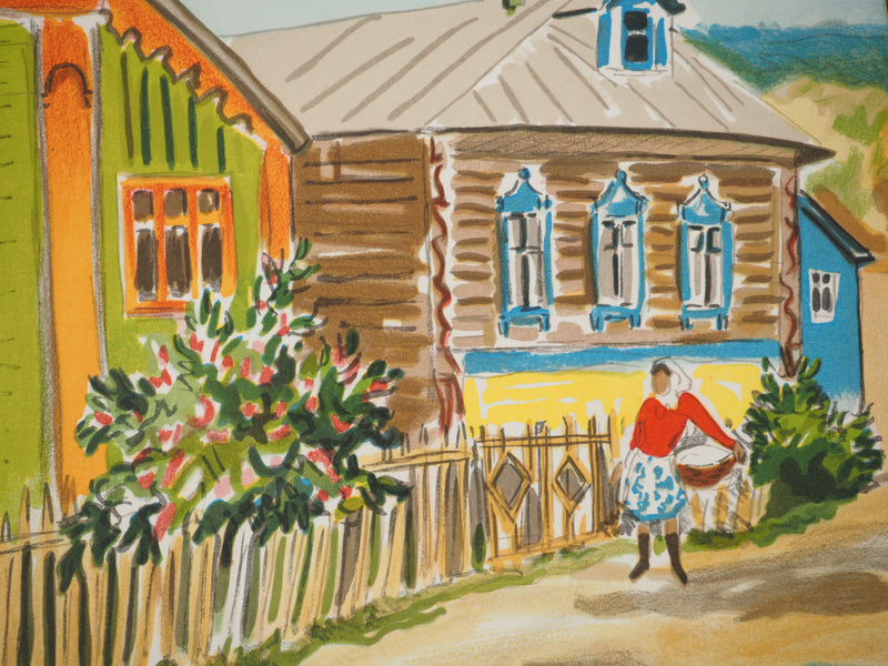 Yves BRAYER : Village rustique en Russie, Lithographie originale signée