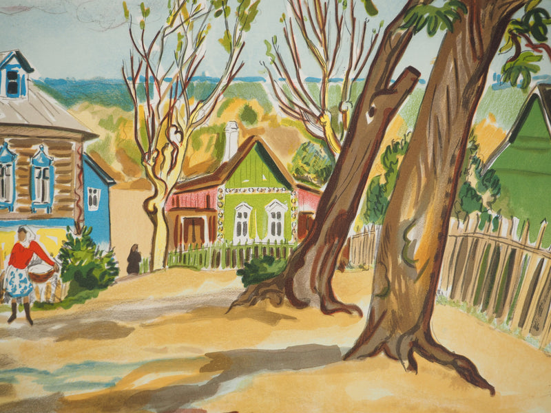 Yves BRAYER : Village rustique en Russie, Lithographie originale signée