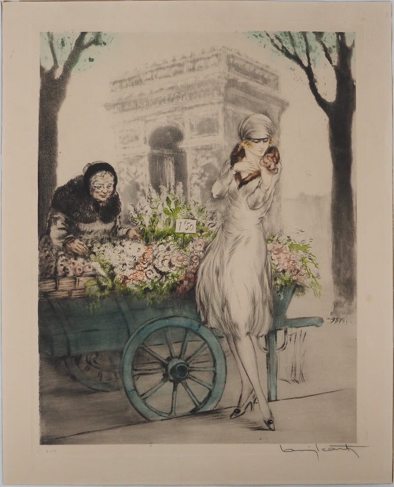 Louis ICART : La marchande de fleurs à Paris, Gravure originale signée