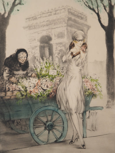Louis ICART : La marchande de fleurs à Paris, Gravure originale signée