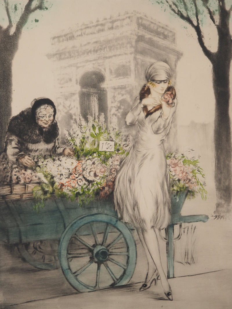Louis ICART : La marchande de fleurs à Paris, Gravure originale signée