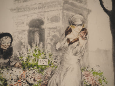 Louis ICART : La marchande de fleurs à Paris, Gravure originale signée
