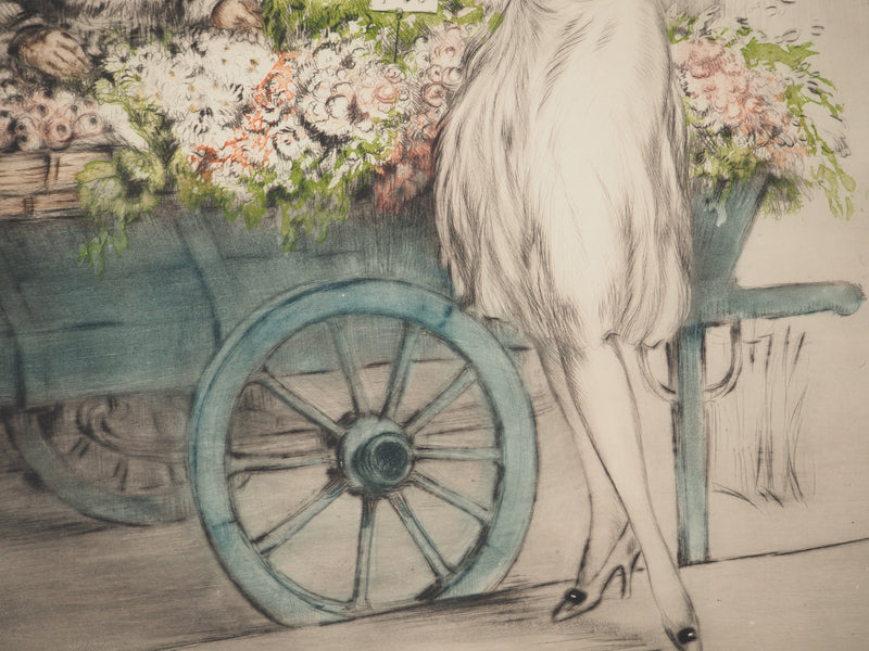 Louis ICART : La marchande de fleurs à Paris, Gravure originale signée