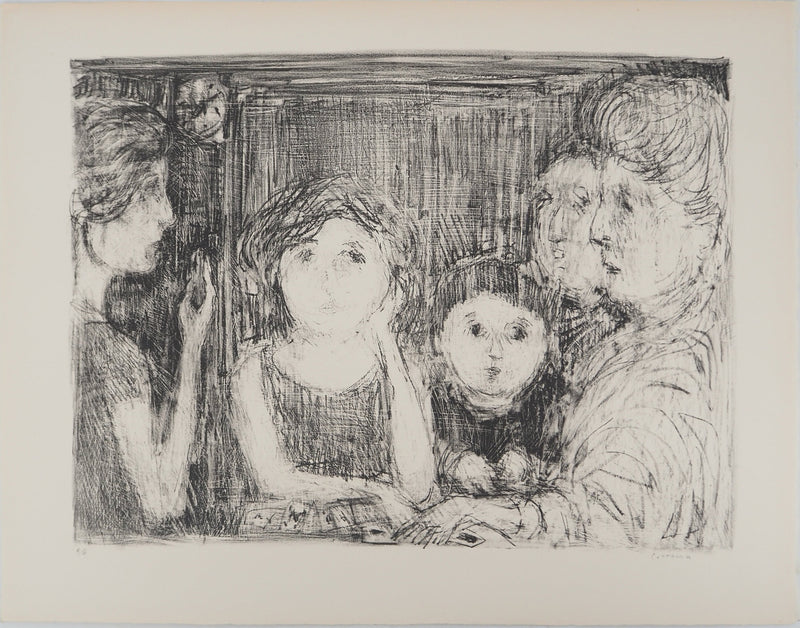 André COTTAVOZ : Soirée jeux en famille, Lithographie originale signée