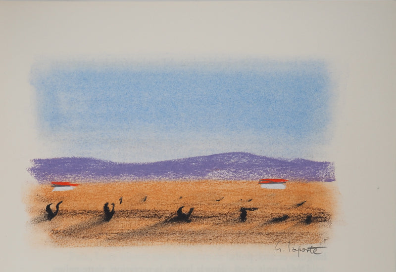 Georges LAPORTE : Paysage violet, Dessin original au pastel signé