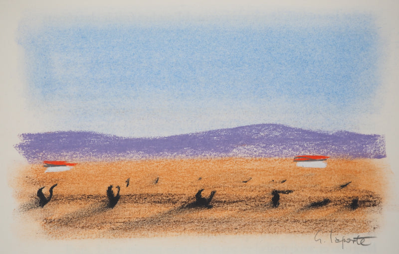 Georges LAPORTE : Paysage violet, Dessin original au pastel signé
