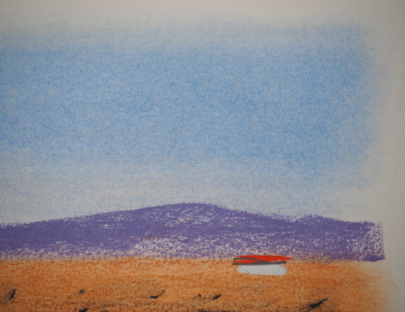 Georges LAPORTE : Paysage violet, Dessin original au pastel signé
