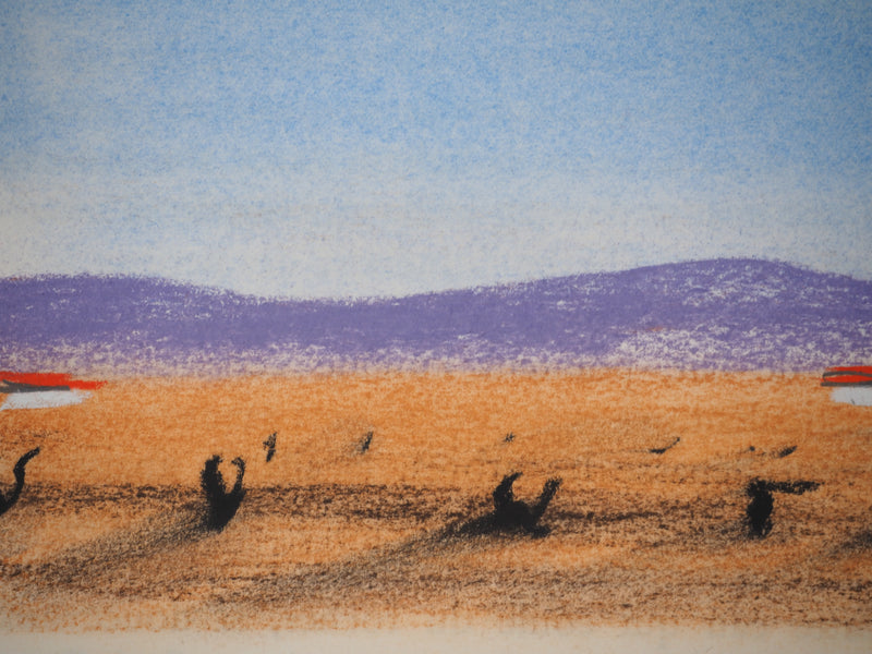 Georges LAPORTE : Paysage violet, Dessin original au pastel signé