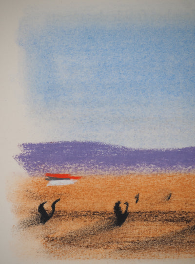 Georges LAPORTE : Paysage violet, Dessin original au pastel signé