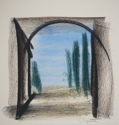 Georges LAPORTE : L'allée verdoyante, Dessin original au pastel signé