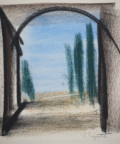 Georges LAPORTE : L'allée verdoyante, Dessin original au pastel signé