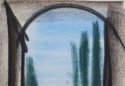 Georges LAPORTE : L'allée verdoyante, Dessin original au pastel signé