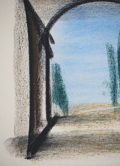 Georges LAPORTE : L'allée verdoyante, Dessin original au pastel signé