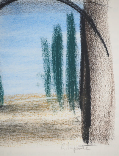 Georges LAPORTE : L'allée verdoyante, Dessin original au pastel signé