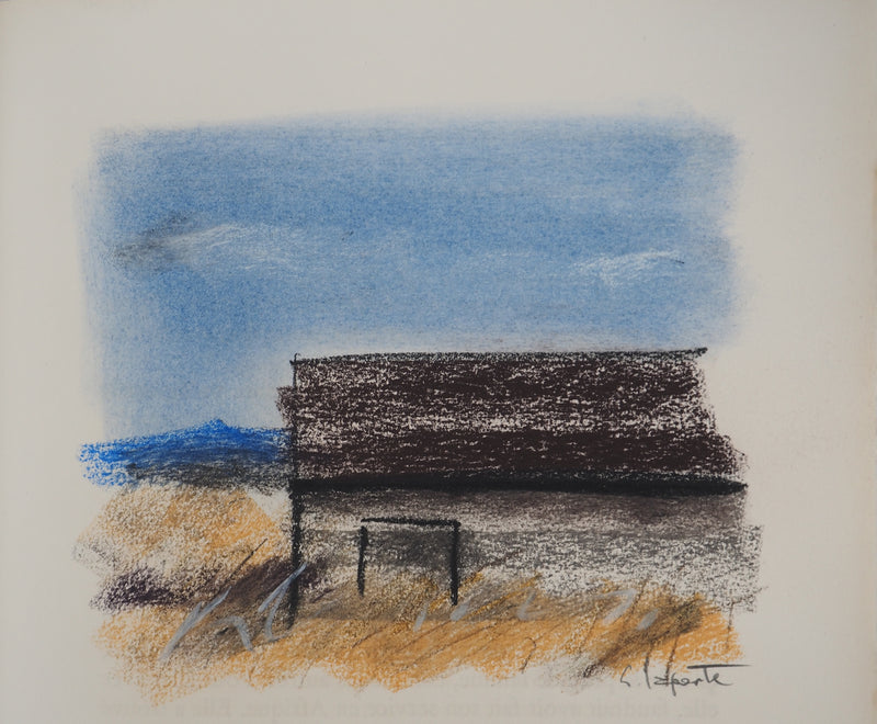 Georges LAPORTE : La maison sur la colline, Dessin original au pastel signé