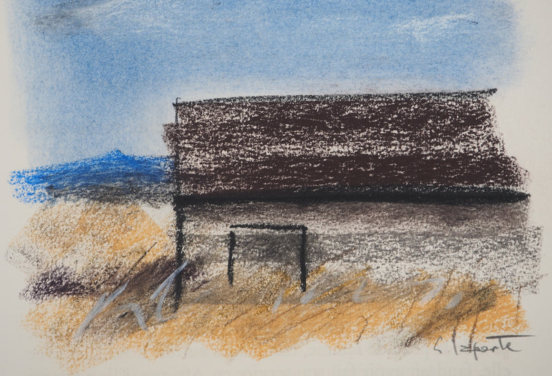 Georges LAPORTE : La maison sur la colline, Dessin original au pastel signé