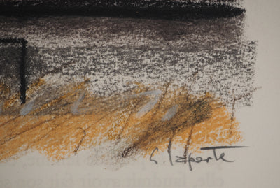 Georges LAPORTE : La maison sur la colline, Dessin original au pastel signé
