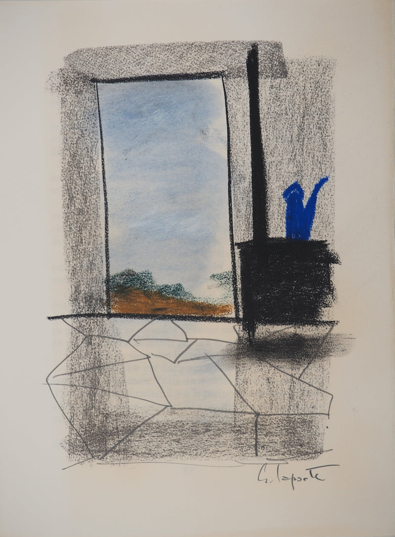 Georges LAPORTE : Fenêtre avec vue, Dessin original au pastel signé
