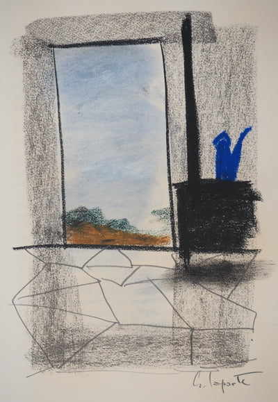 Georges LAPORTE : Fenêtre avec vue, Dessin original au pastel signé