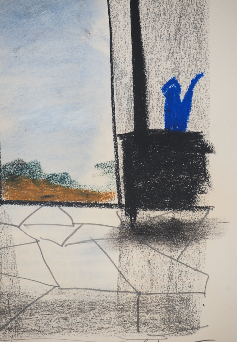 Georges LAPORTE : Fenêtre avec vue, Dessin original au pastel signé