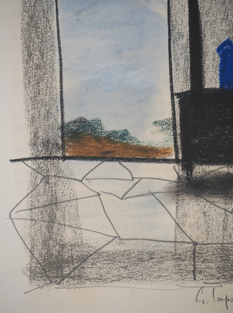 Georges LAPORTE : Fenêtre avec vue, Dessin original au pastel signé