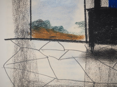 Georges LAPORTE : Fenêtre avec vue, Dessin original au pastel signé