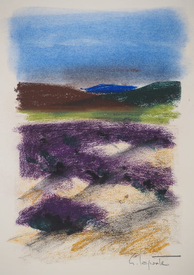 Georges LAPORTE : Les champs de lavande, Dessin original au pastel signé