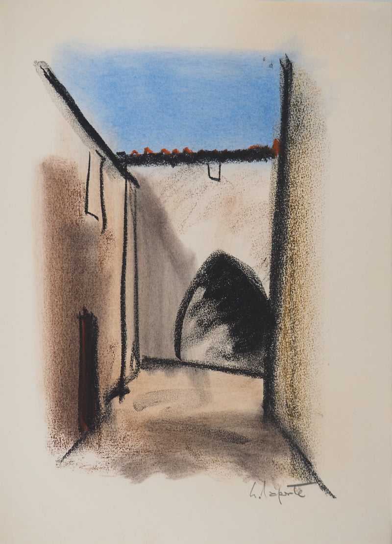 Georges LAPORTE : Dans la cour, Dessin original au pastel signé
