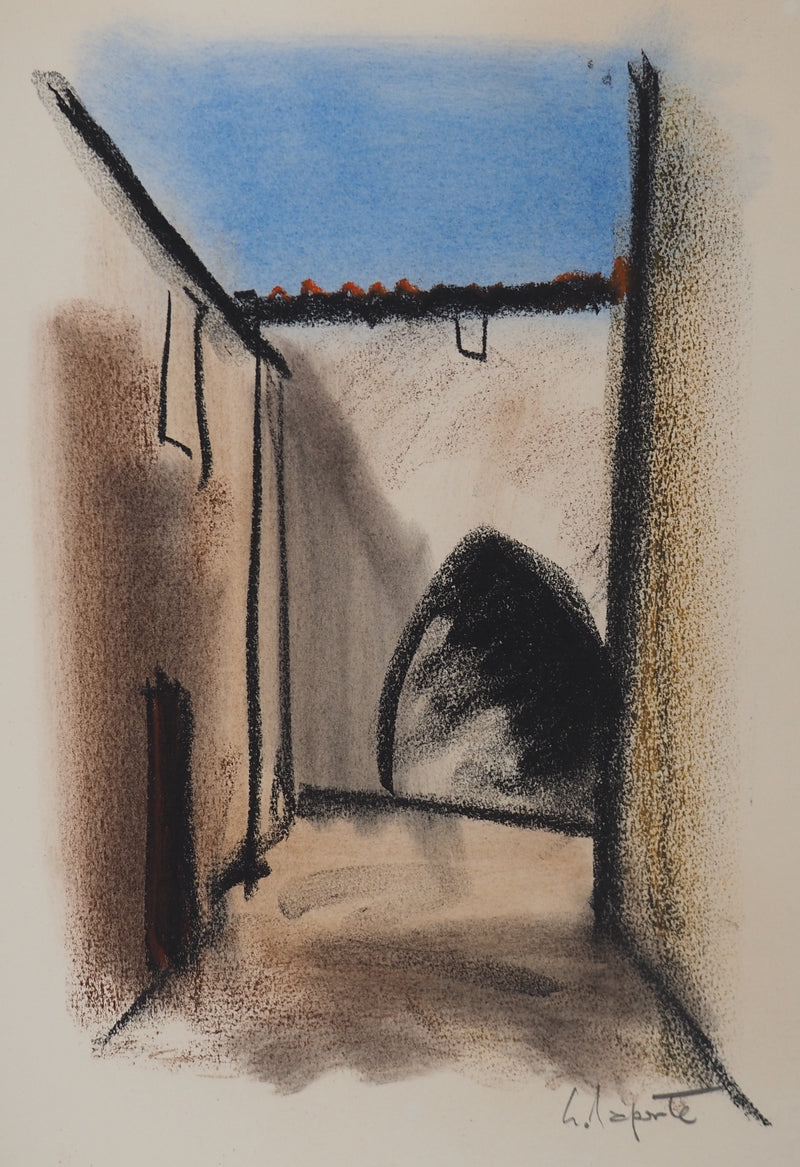 Georges LAPORTE : Dans la cour, Dessin original au pastel signé