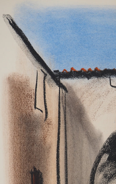 Georges LAPORTE : Dans la cour, Dessin original au pastel signé