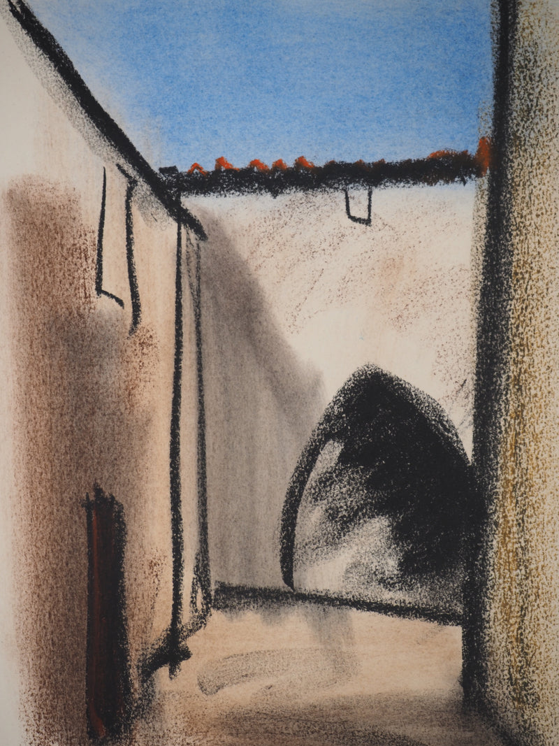 Georges LAPORTE : Dans la cour, Dessin original au pastel signé