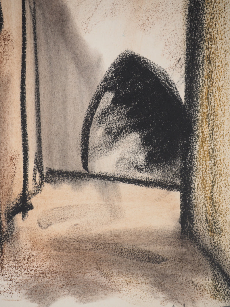 Georges LAPORTE : Dans la cour, Dessin original au pastel signé