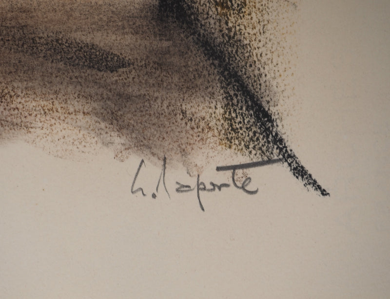 Georges LAPORTE : Dans la cour, Dessin original au pastel signé
