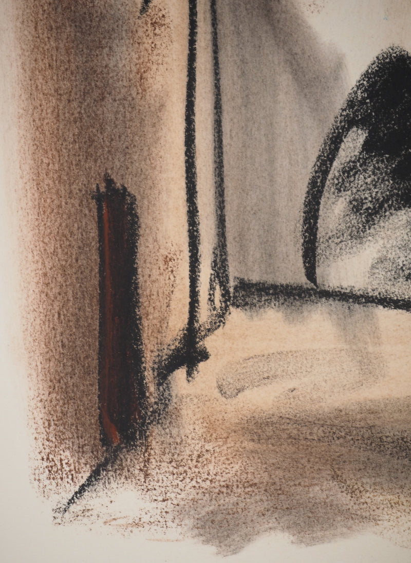 Georges LAPORTE : Dans la cour, Dessin original au pastel signé