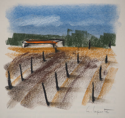 Georges LAPORTE : Vignes sous le soleil, Dessin original au pastel signé